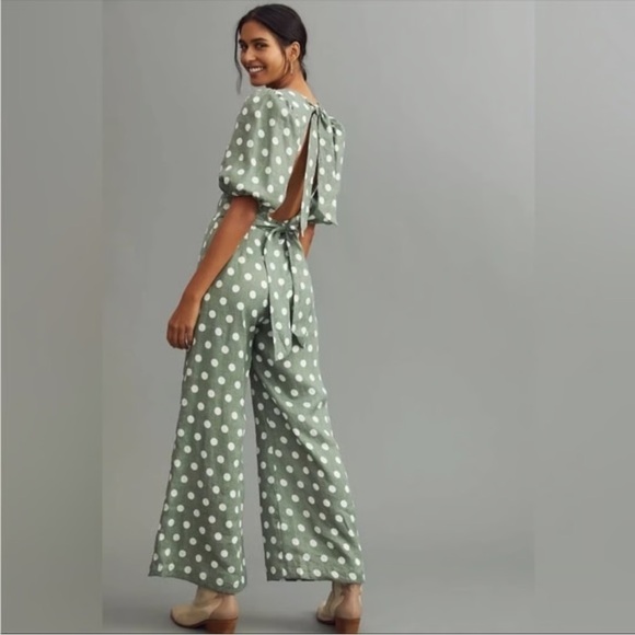 NWT Anthropologie Faithfull the Brand Green Linen Open Back Polka Dot Jumpsuit - Picture 2 of 7